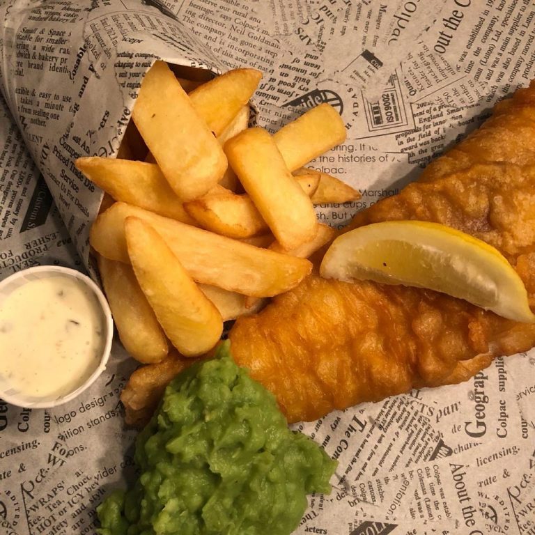 fish, chips and peas