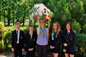 Year Eight pupils from Neston High School with Mrs Andrea Holden and the jellyfish artwork